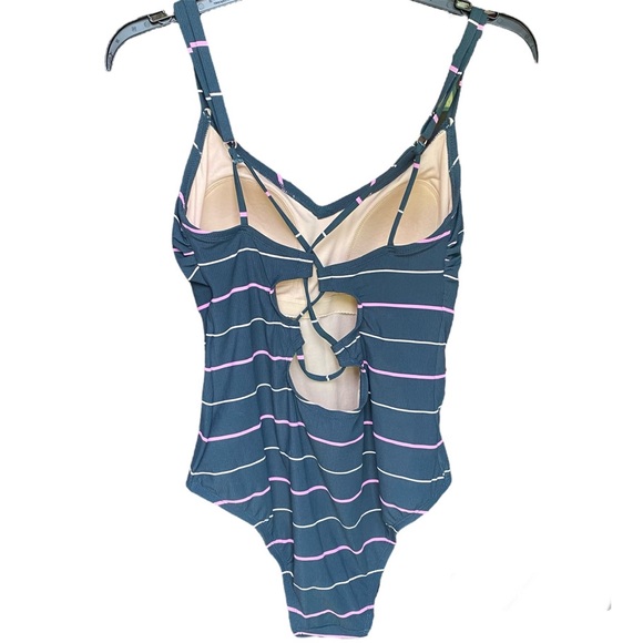Kona Sol Striped Swimsuit Gray and Pink Size Large - Picture 6 of 13